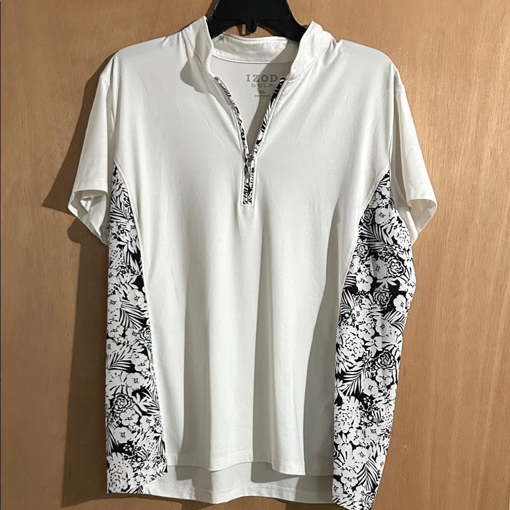 Izod Women’s White Golf Polo with Black Floral Accents